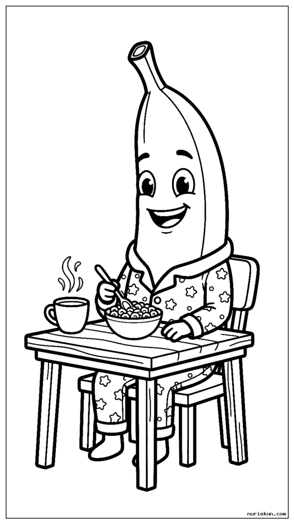 小さなテーブルで朝食をとるパジャマを着た幸せなバナナのキャラクター