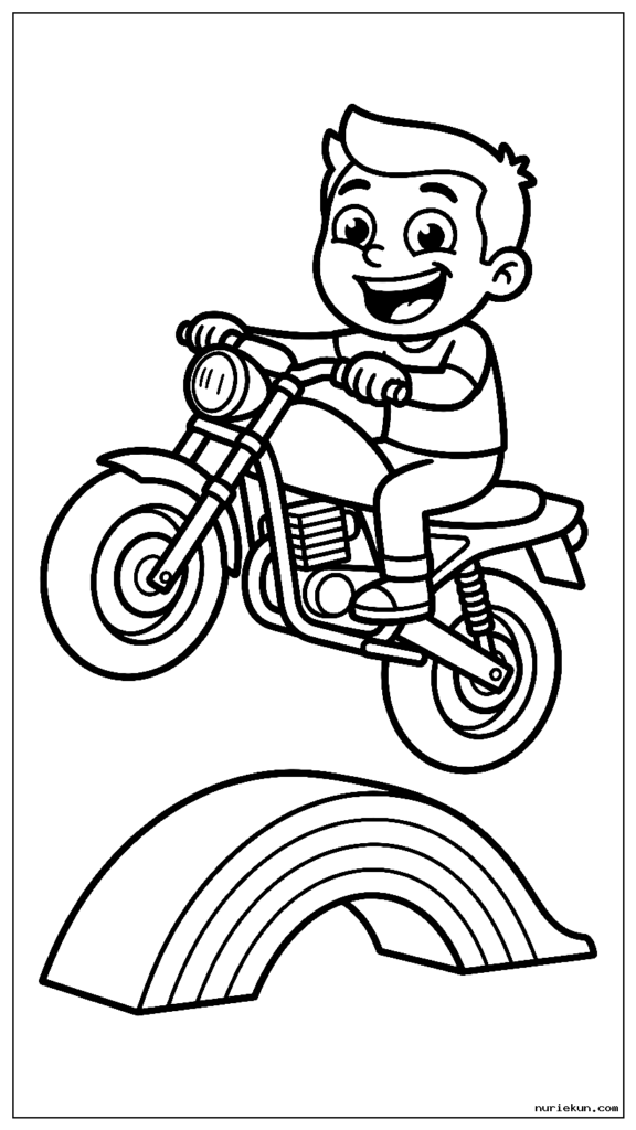 小さな虹のスロープを楽しい表情で飛び越える遊び心のあるバイク