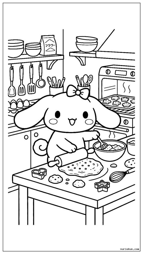 居心地の良いキッチンでクッキーを焼くかわいいシナモロールの子犬