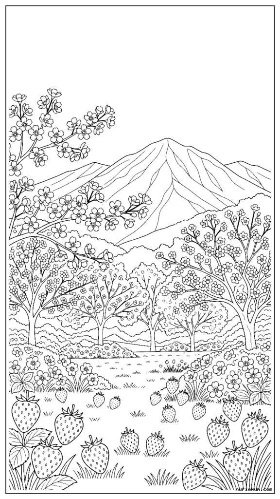 山を背景にした春の庭の桜とイチゴ