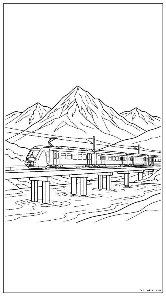 山を背景に川にかかる風光明媚な橋を渡る電車