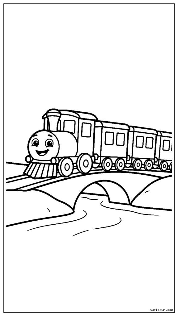 川にかかる橋を渡るフレンドリーな漫画の列車