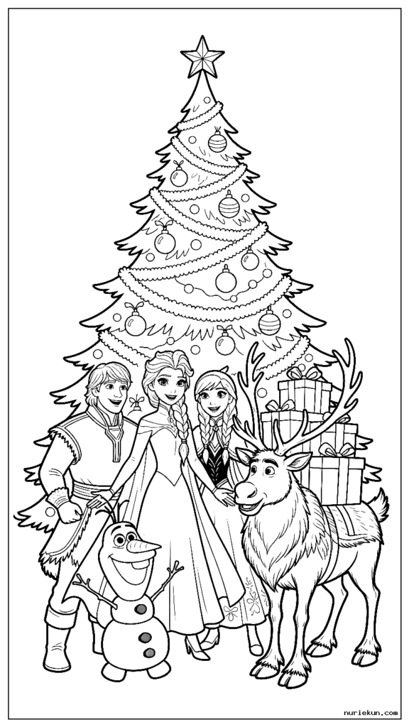 巨大なクリスマスツリーの周りに集まるアナと雪の女王のキャラクターたち