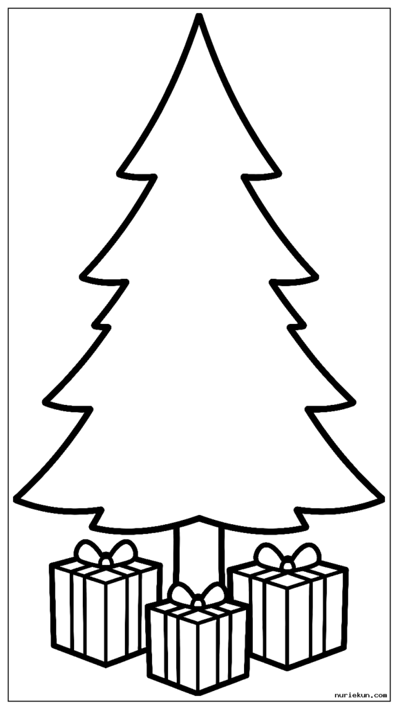 幅の広いジグザグの枝とその下に包まれた 3 つのプレゼントを持つ基本的なクリスマス ツリーの形