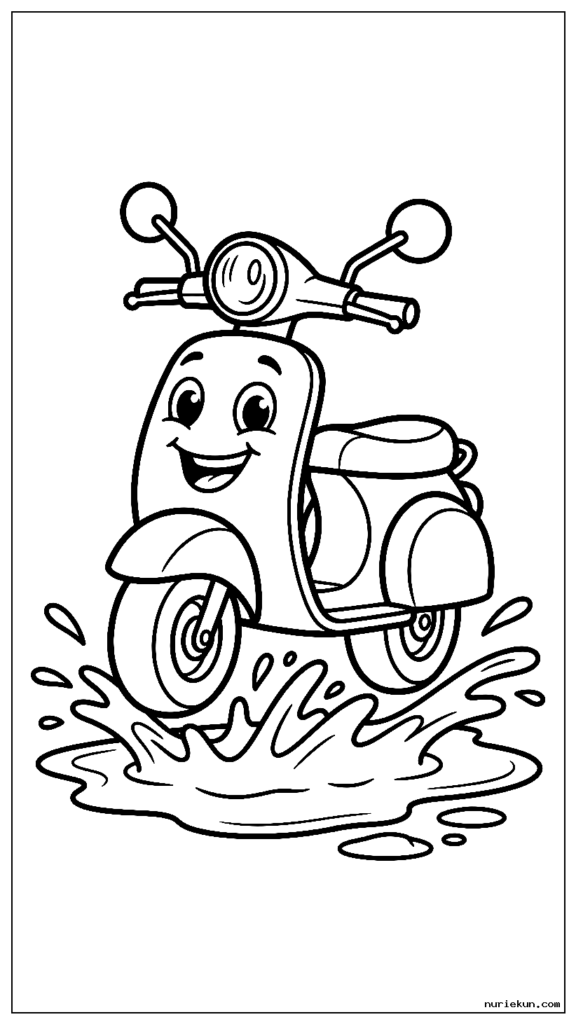 幸せそうな顔のヘッドライトで水たまりを飛び散るかわいい漫画のスクーター