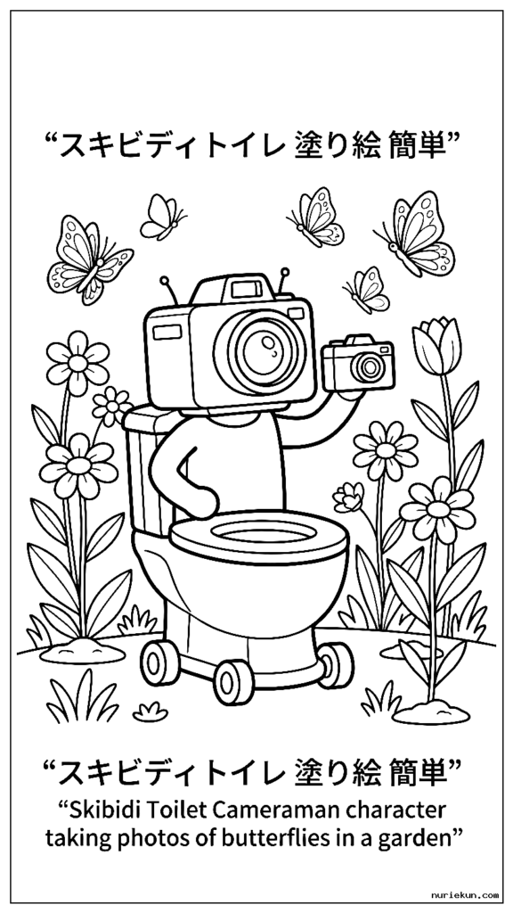 庭で蝶の写真を撮るスキビディのトイレカメラマンのキャラクター