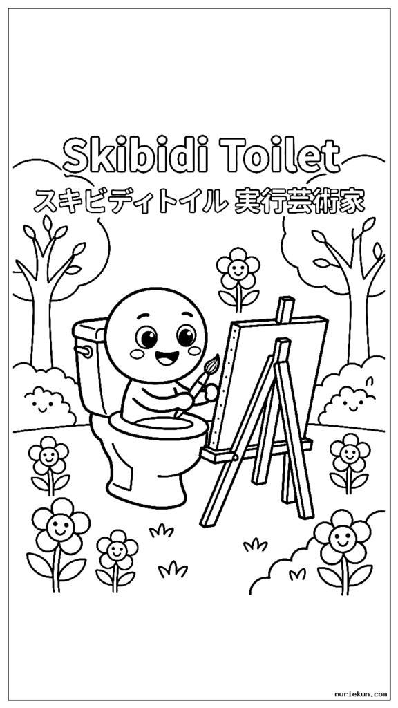 庭のイーゼルに絵を描くスキビディ トイレ アーティストのキャラクター