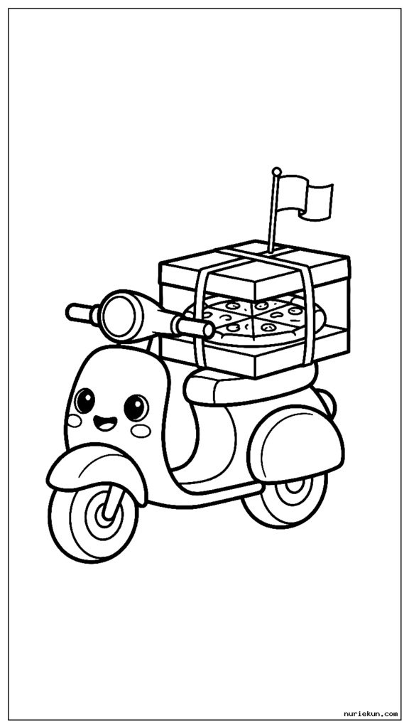 後ろに小さな旗が付いたピザの箱を配達するかわいい漫画のスクーター