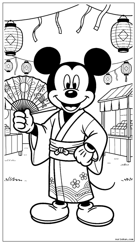 日本の伝統的な浴衣を着て、夏祭りでうちわを持ったミッキーマウス