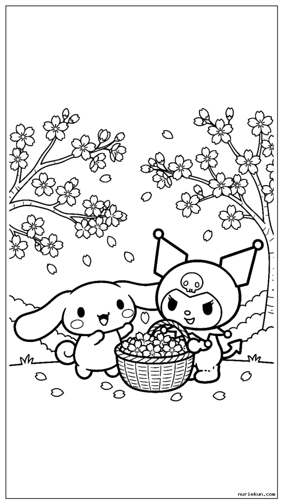 春の庭のバスケットに桜の花を集めるクロミとシナモロール