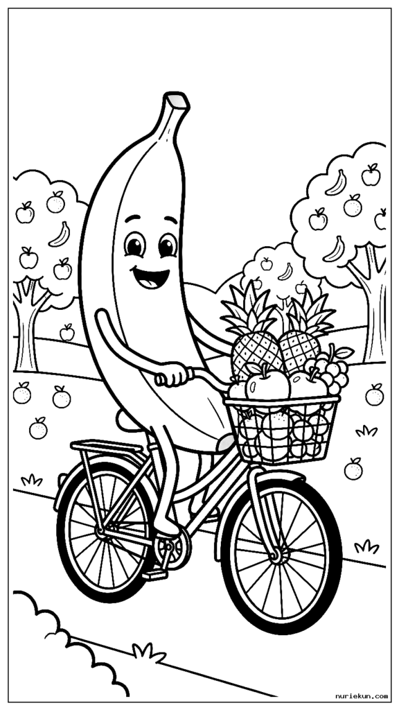 果物がいっぱい入ったバスケットを自転車に乗って幸せなバナナのキャラクター
