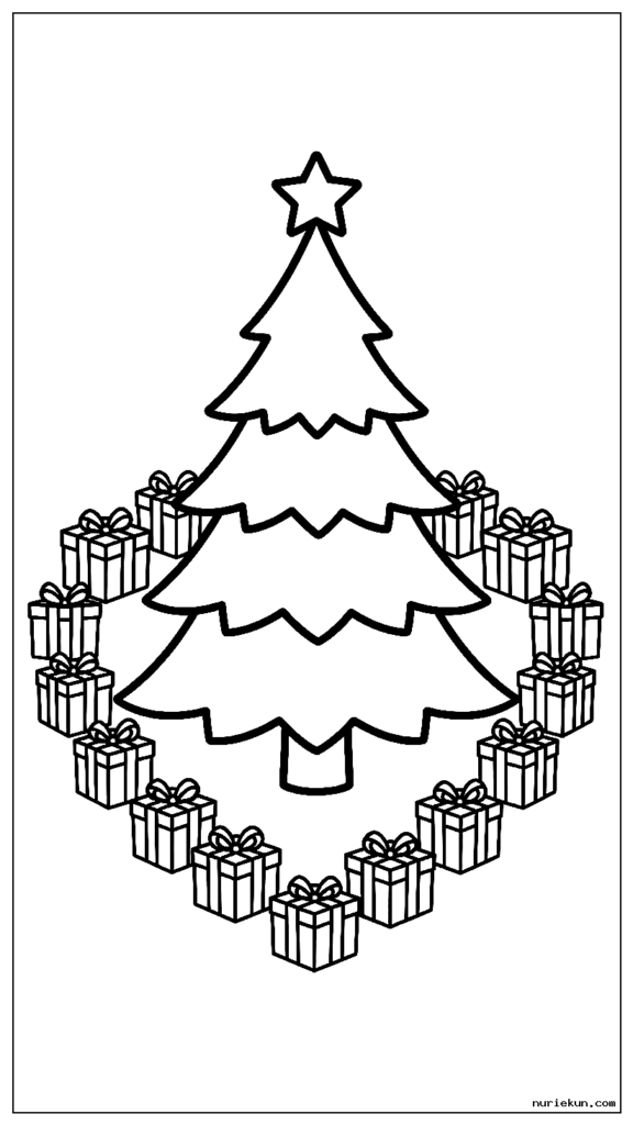 根元の周りにプレゼントをハート型に並べたクリスマスツリー
