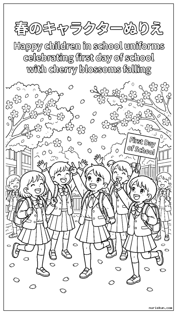 桜が舞い散る中、学校の初日を祝う制服を着た幸せな子供たち