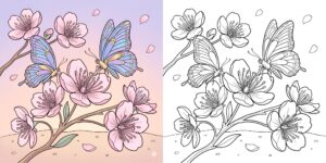桜と蝶 塗り絵 ft