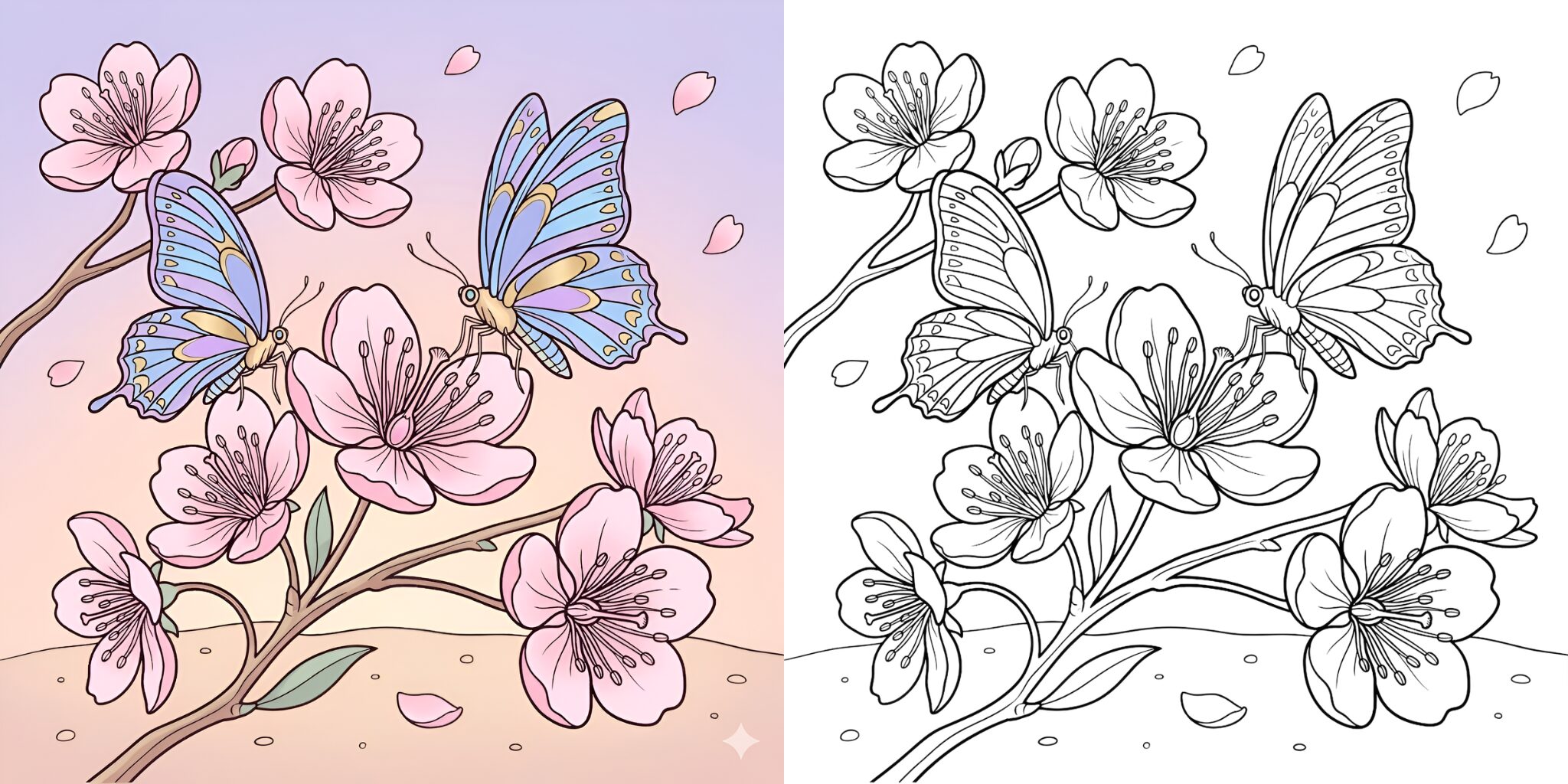 桜と蝶 塗り絵 ft