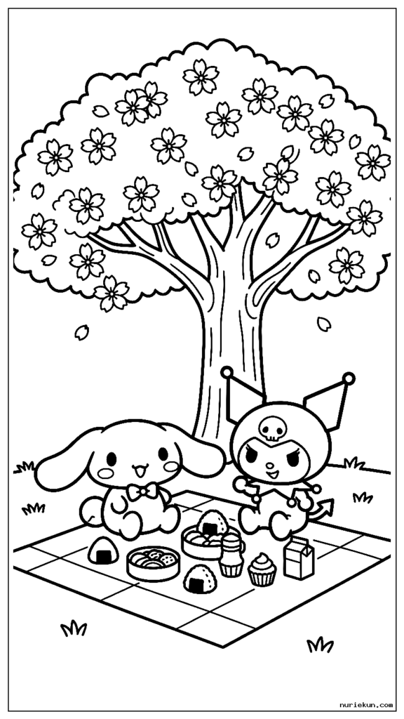 桜の木の下でピクニックをするシナモロールとクロミ