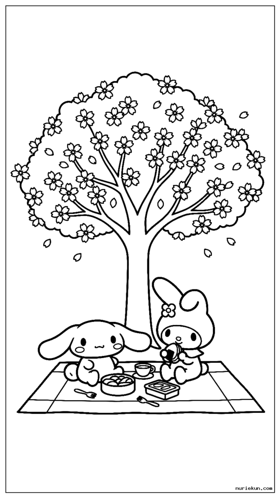 桜の木の下でピクニックをするシナモロールとマイメロディ
