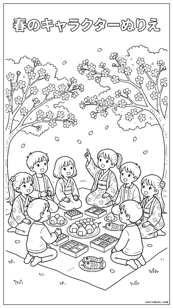 桜の木の下で伝統的な春の食べ物を食べてピクニックをする子どもたち