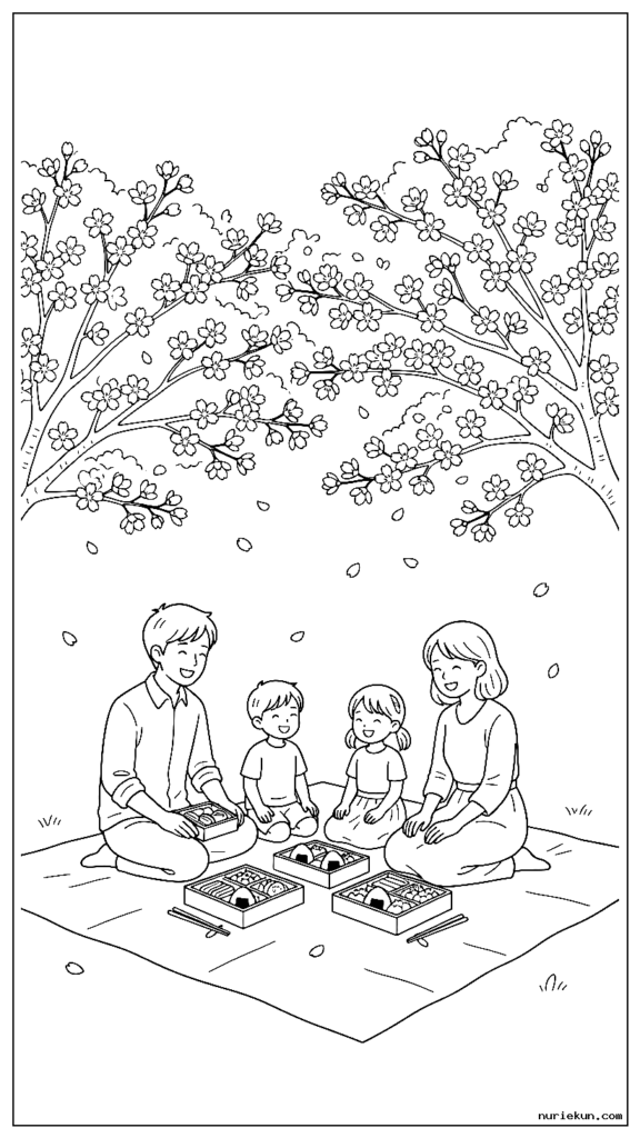 桜の木の下で毛布とお弁当を広げてお花見ピクニックをする家族