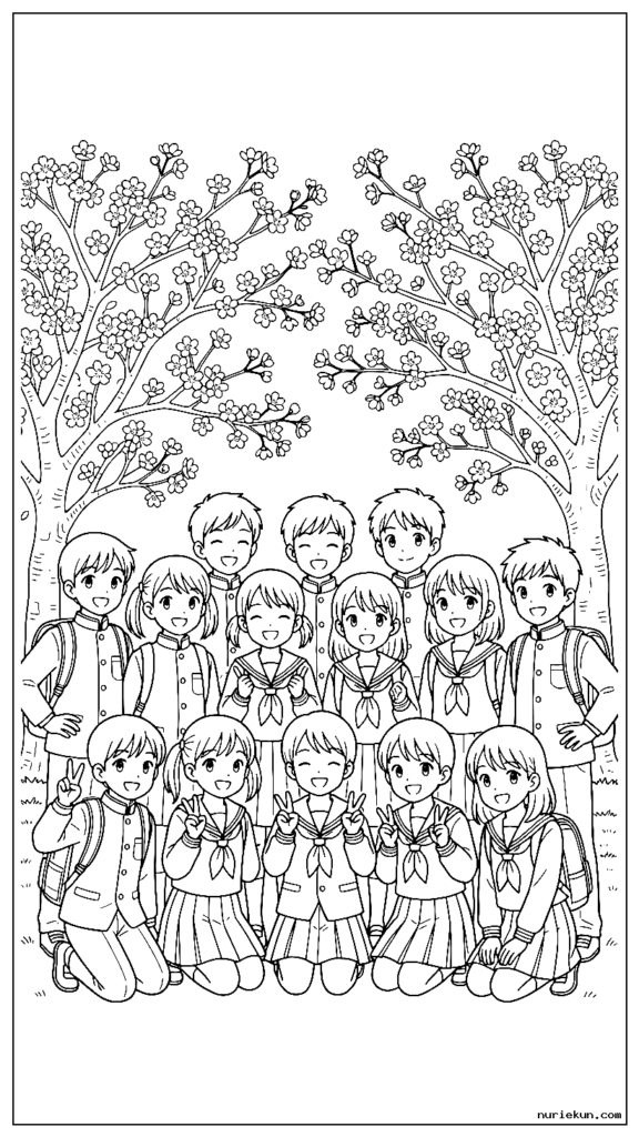 桜の木の下で集合写真を撮る制服姿の小学生たち