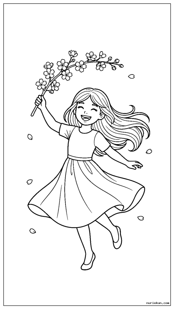 桜の枝を持ち、喜びながら輪を描く少女