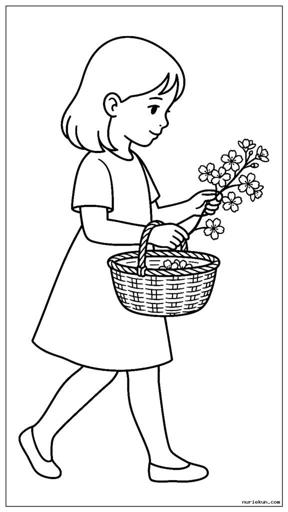 桜の花をそっと籠に入れて歩く少女