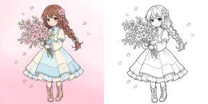 桜の花を持つ女の子 塗り絵 ft