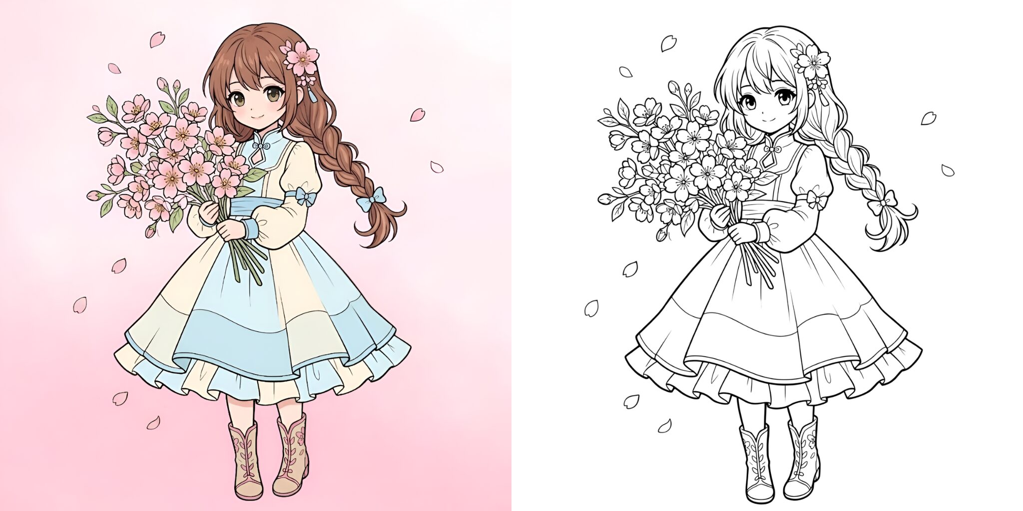 桜の花を持つ女の子 塗り絵 ft