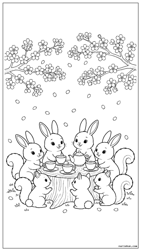 桜吹雪の下でお茶会をするかわいいウサギとリス