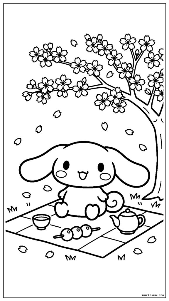 桜吹雪の下に座ってお茶とお団子を持ってピクニックをするかわいいシナモロール
