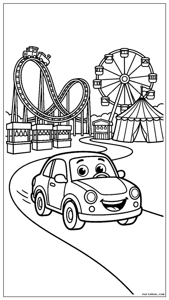 楽しい遊園地を走る漫画の車