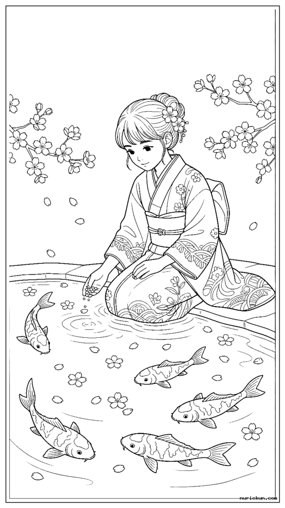 池で鯉に餌をやるフォーマルな着物を着た女の子
