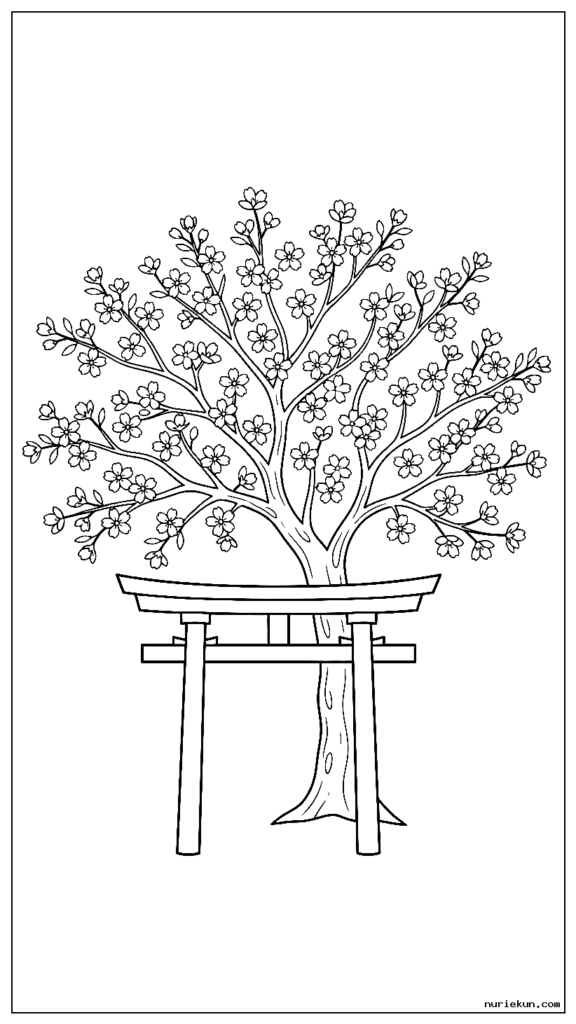 満開の桜の木とその下に日本の伝統的な鳥居