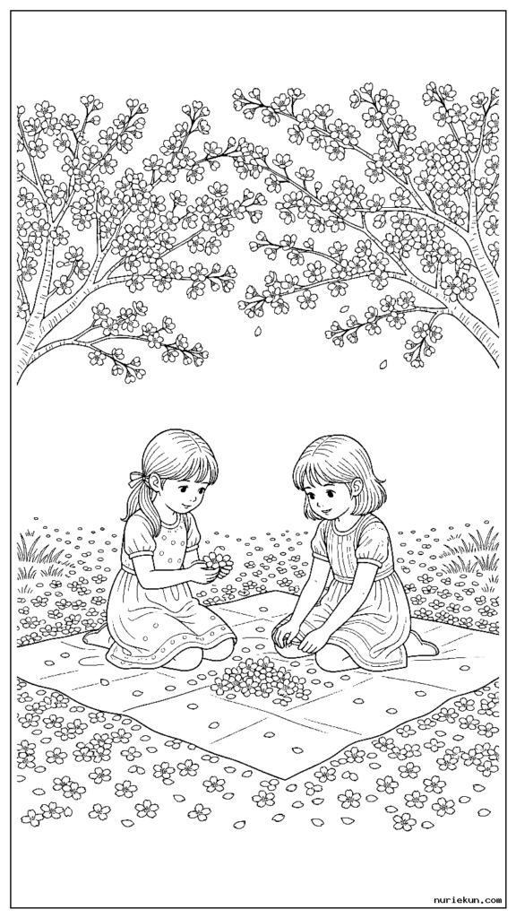 満開の桜の木の下でピクニックをする 2 人の女の子