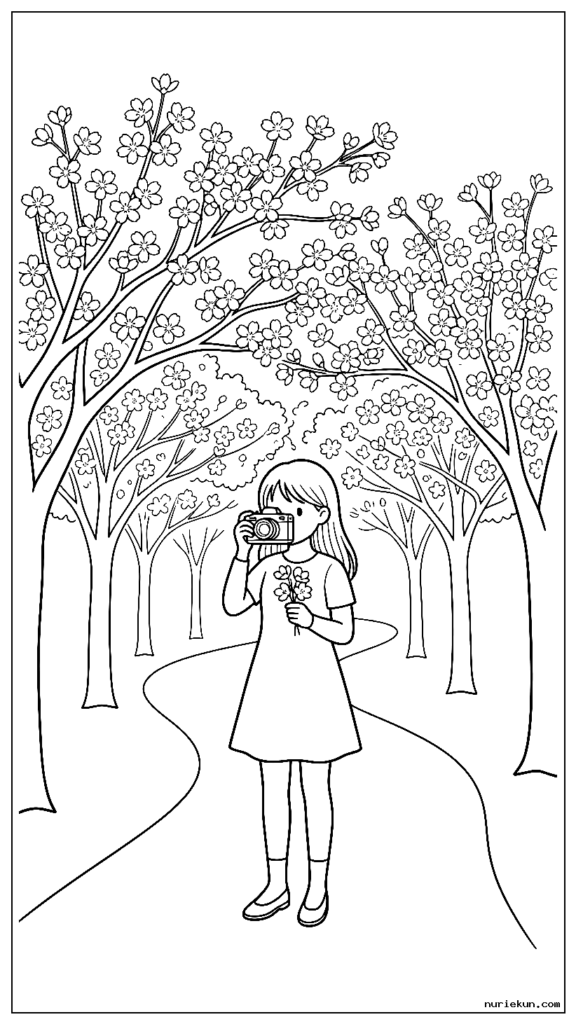 満開の桜をカメラで撮影する女の子