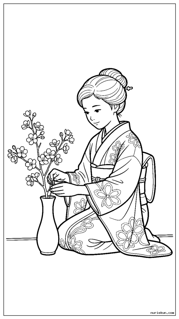 生け花の花瓶に桜を生ける着物の女の子