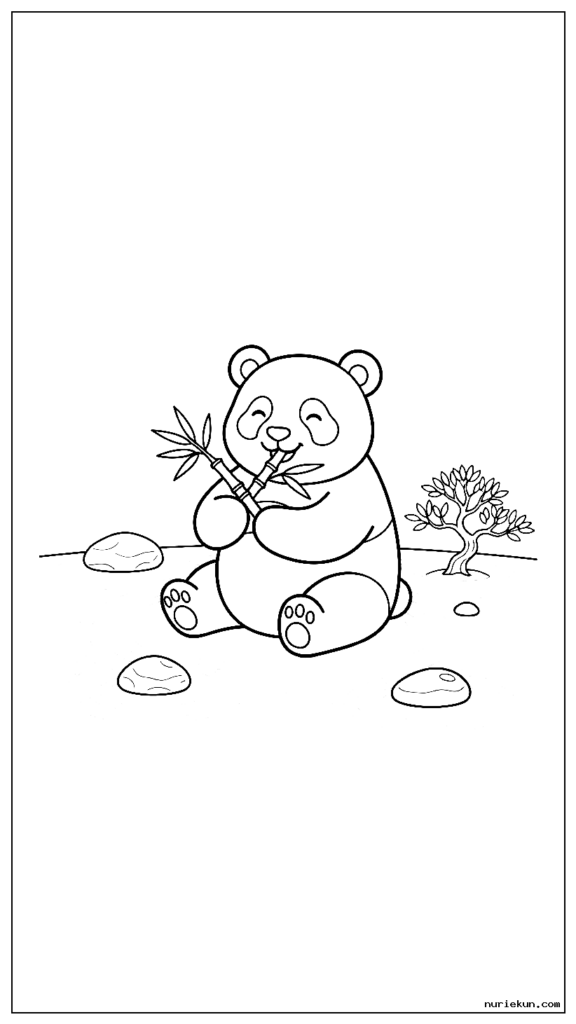 禅庭で竹を食べる幸せなパンダクマ