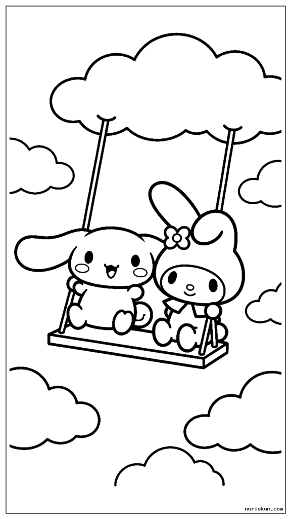空のふわふわの雲にぶら下がったブランコで楽しそうに遊ぶマイメロディとシナモロール