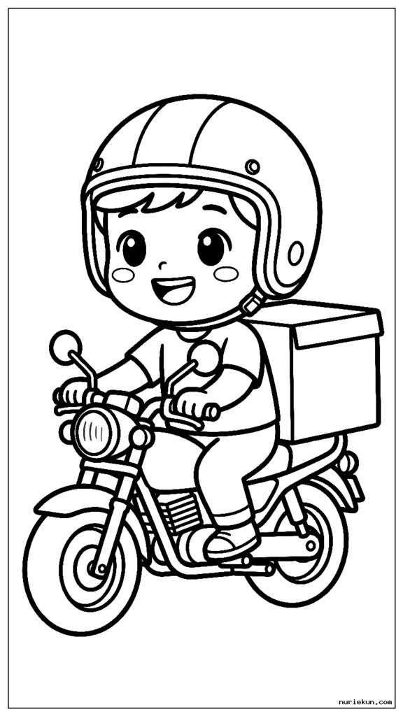 笑顔でピザの箱を届けるかわいいちびバイクライダー
