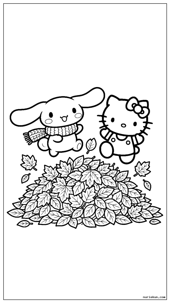 紅葉の山に飛び込むハローキティとかわいいシナモロール