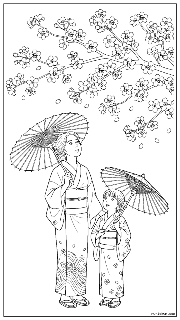 紙傘を差しながら桜を見上げる浴衣の母娘