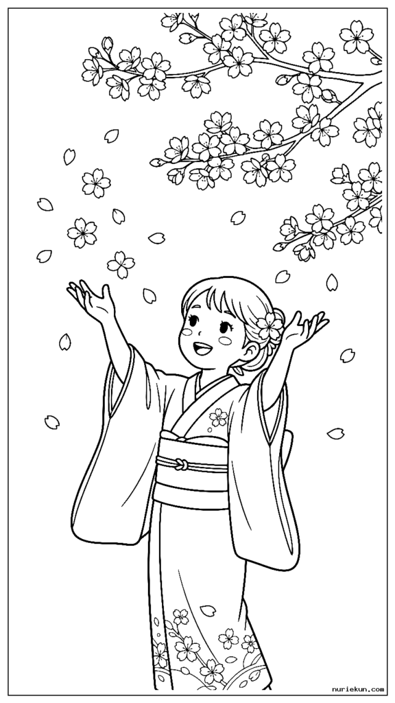 舞い散る桜の花びらを手につかむ着物姿の少女