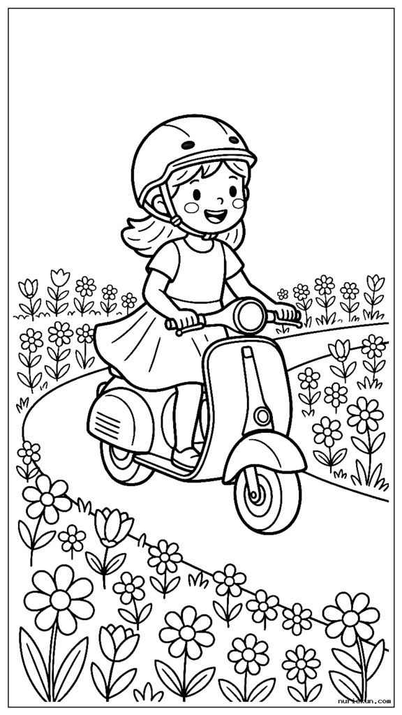花いっぱいの小道をスクーター (ベスパ風) に乗って走るかわいい女の子