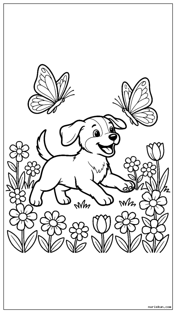 花のある庭で蝶を追いかける遊び心のある子犬