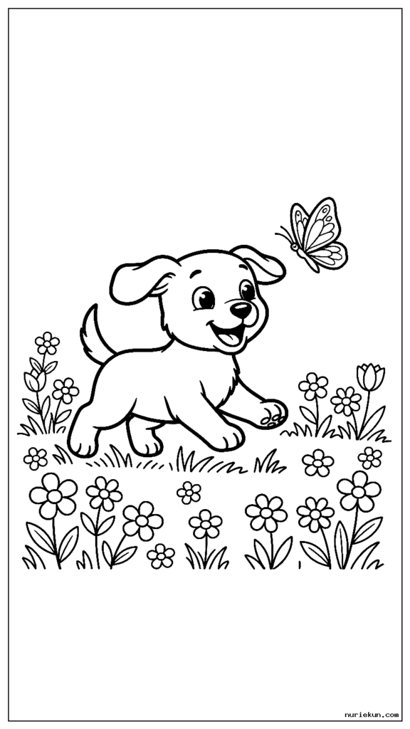 花の草原で蝶を追いかける遊び心のある子犬
