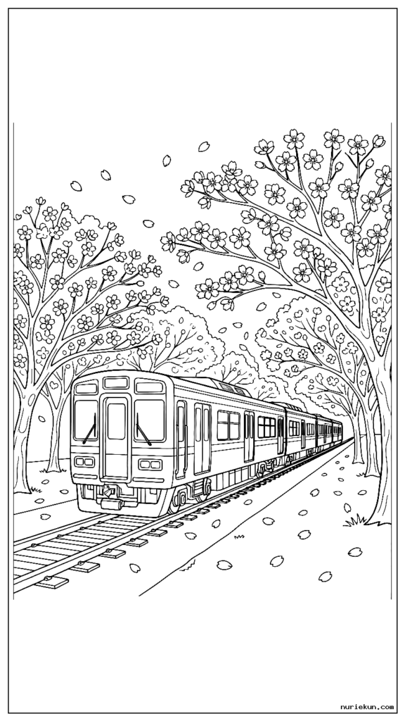 花びらが舞う桜並木を通過する普通列車
