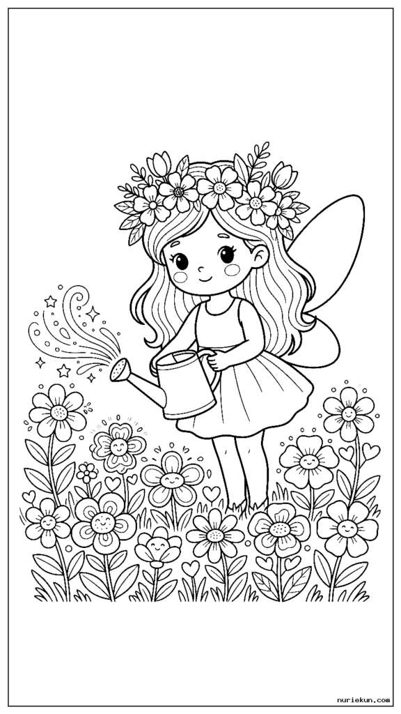 花冠をかぶりながら庭で魔法の花に水をやるかわいい春の妖精