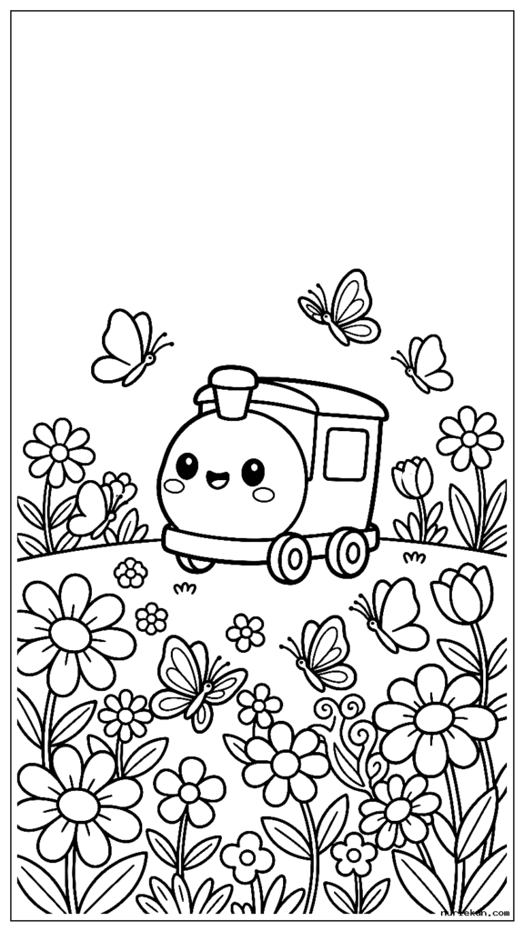 花畑で蝶と遊ぶかわいいちび電車