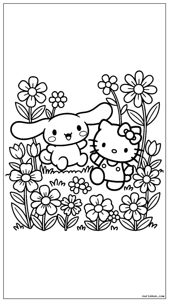 花畑で遊ぶハローキティとシナモロール