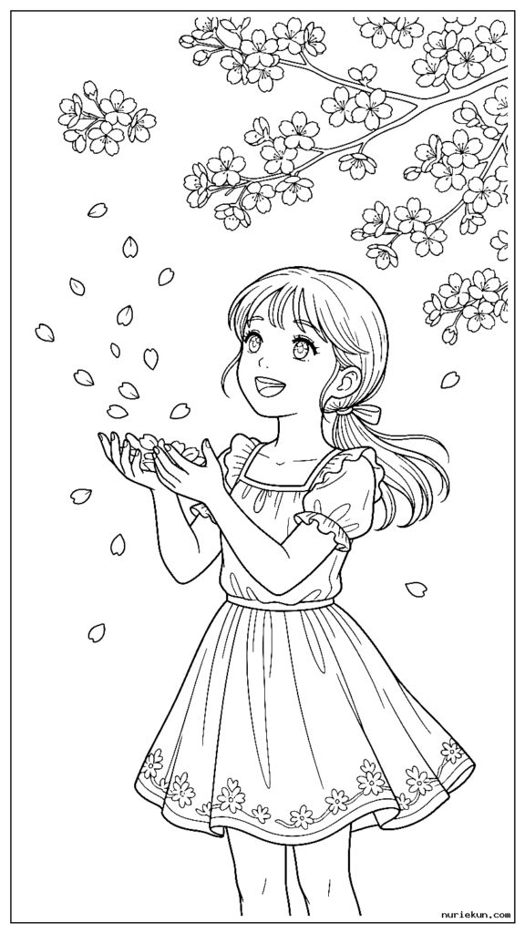 落ちてくる桜の花びらをカップ状の手でキャッチする春のドレスを着た若い女の子